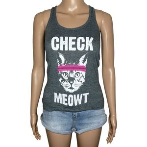 Center Stage Gray Crewneck Racerback “Check Meowt” Athletic Sleeveless Tank Top